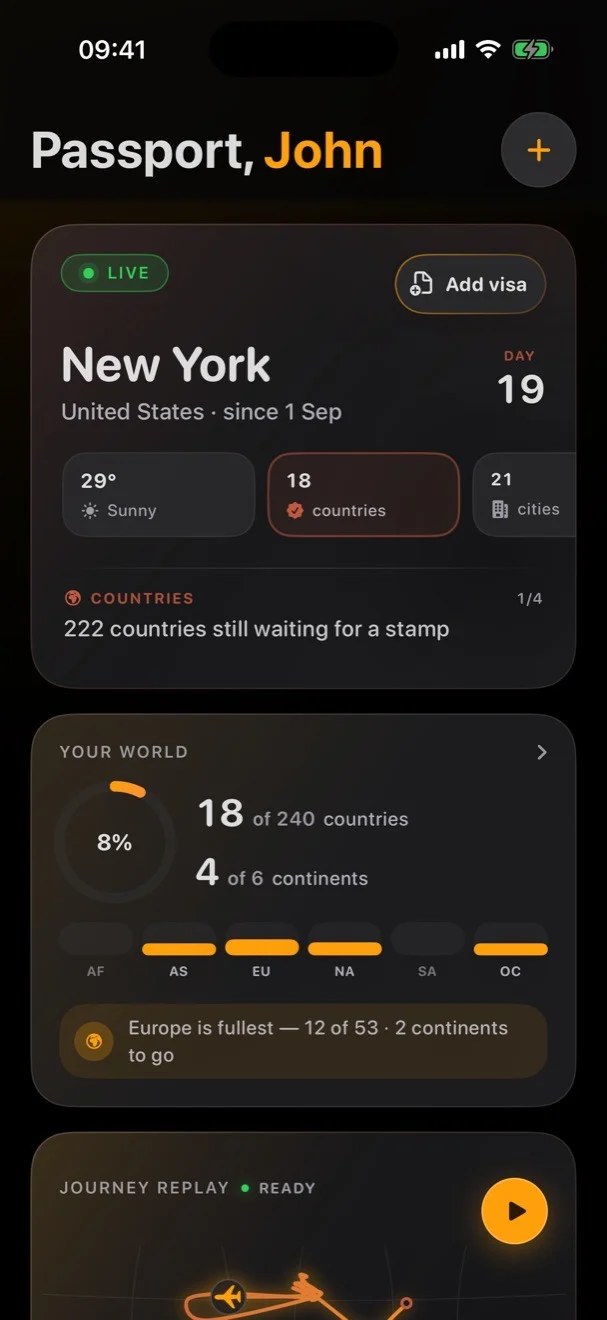 The Passport screen: live in New York on day 19, with 18 countries and 21 cities visited.